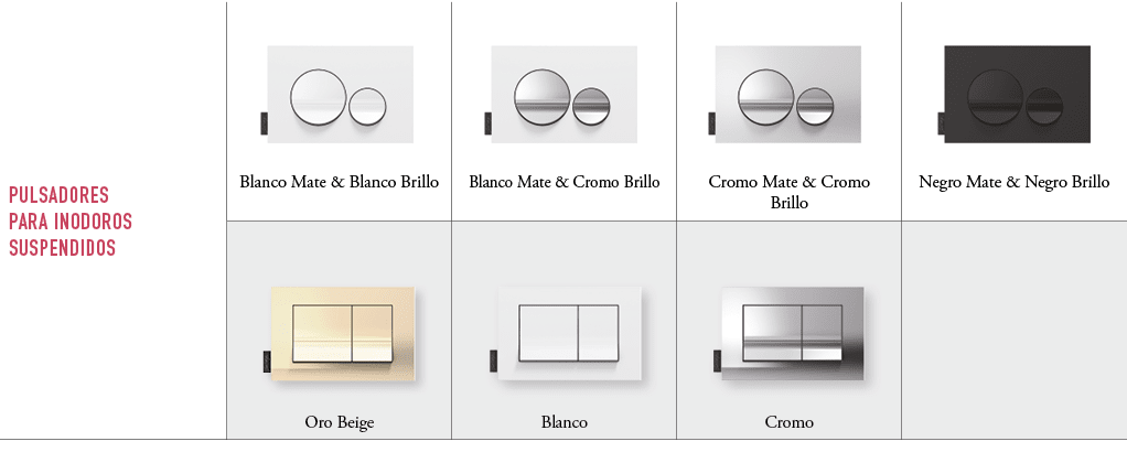 PULSADORES PARA INODOROS SUSPENDIDOS,￼Blanco Mate & Blanco Brillo ,￼Blanco Mate & Cromo Brillo ,￼Cromo Mate & Cromo B...